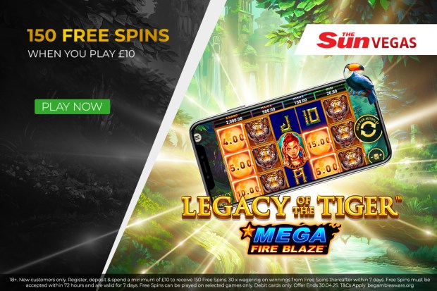 Illustration of a mobile phone displaying the Legacy of the Tiger Mega Fire Blaze slot game, with an offer of 150 free spins when playing £10.