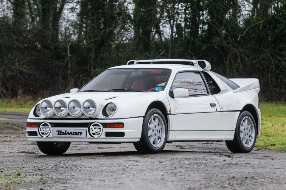 White 1986 Ford RS200 S rally car.
