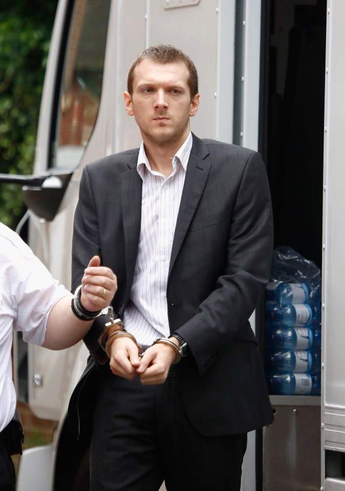 Jeremy Forrest in handcuffs at Lewes Crown Court.