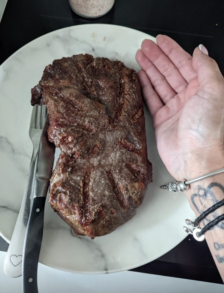 Large grilled steak next to a hand for scale.