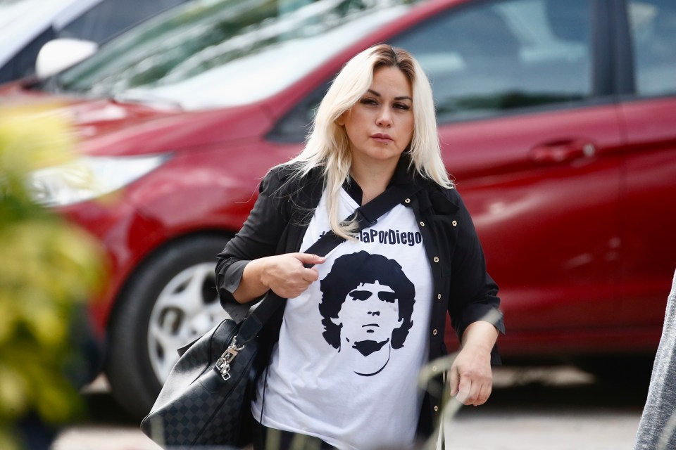 Veronica Ojeda, former partner of Diego Maradona, wearing a t-shirt with Maradona's image.