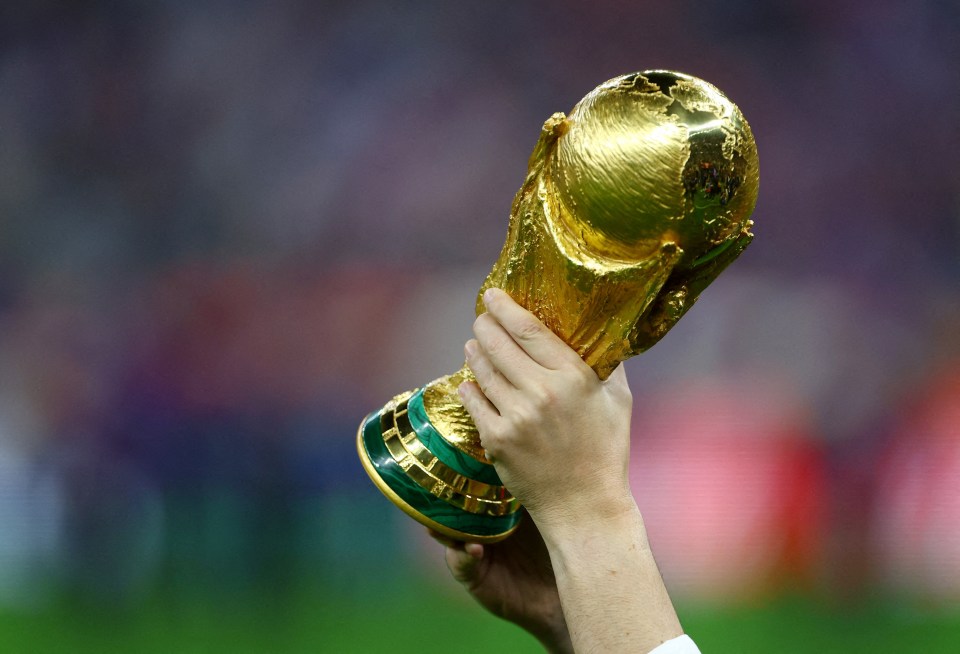 Close-up of hands holding the World Cup trophy.