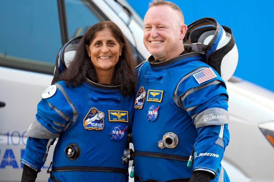 NASA astronauts Butch Wilmore and Suni Williams in spacesuits.