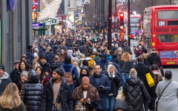 Crowded Oxford Street during Christmas sales.