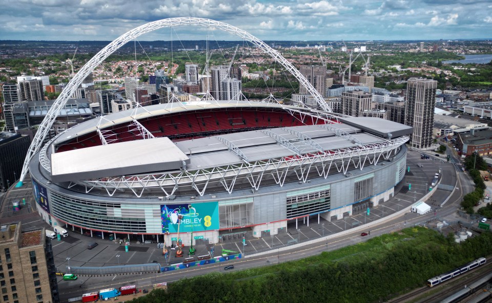 Aerial view of Wembley Stadium with branding being attached.