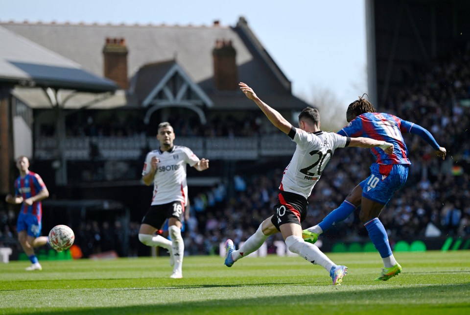 Eberechi Eze scoring a goal during a soccer match.