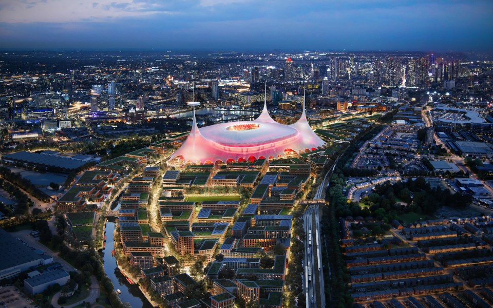 Illustration of a proposed 100,000-seat Manchester United stadium and surrounding development.