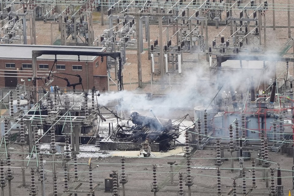Aerial view of a fire at an electrical substation.