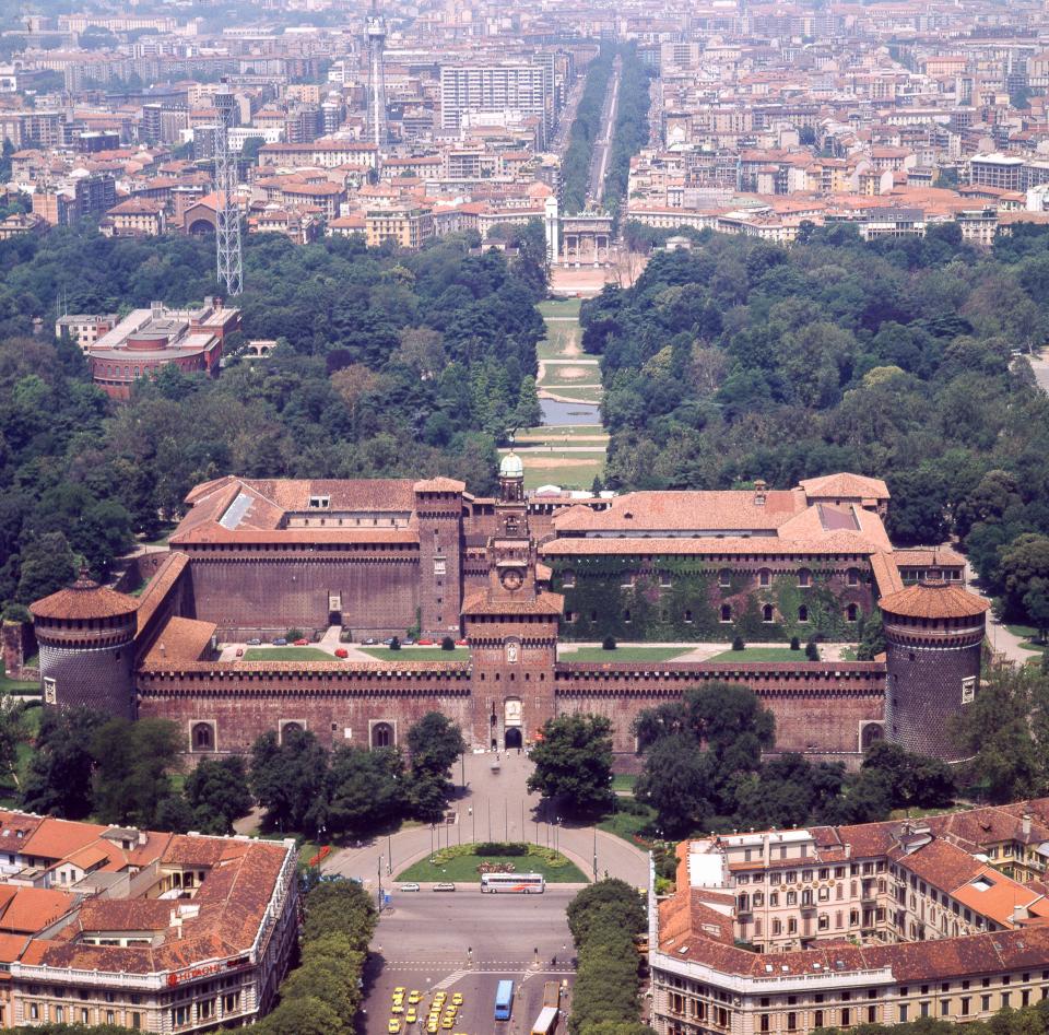 Aerial view of Castello Sforzesco in Milan, Italy.