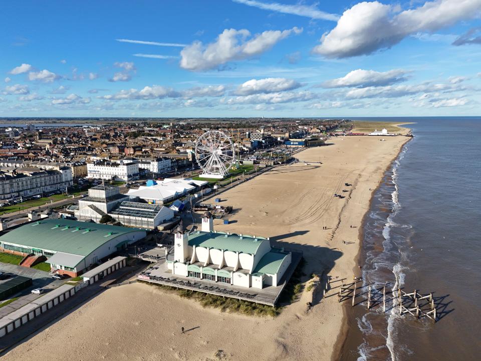 Aerial view of Great Yarmouth beach and pier.
