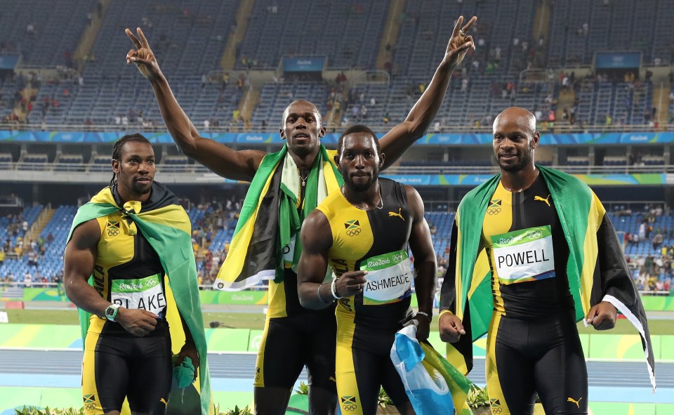 Jamaican Olympic team celebrating their gold medal win in the Men's 4 x 100m relay.
