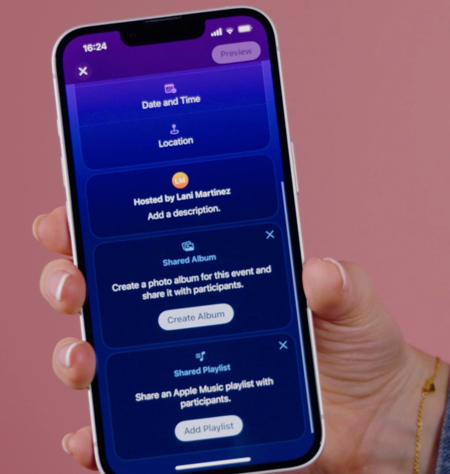 Smartphone displaying options to add event details, including date, time, location, host, description, shared album, and shared playlist.