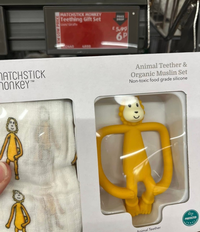 Matchstick Monkey teething gift set with animal teether and organic muslin.