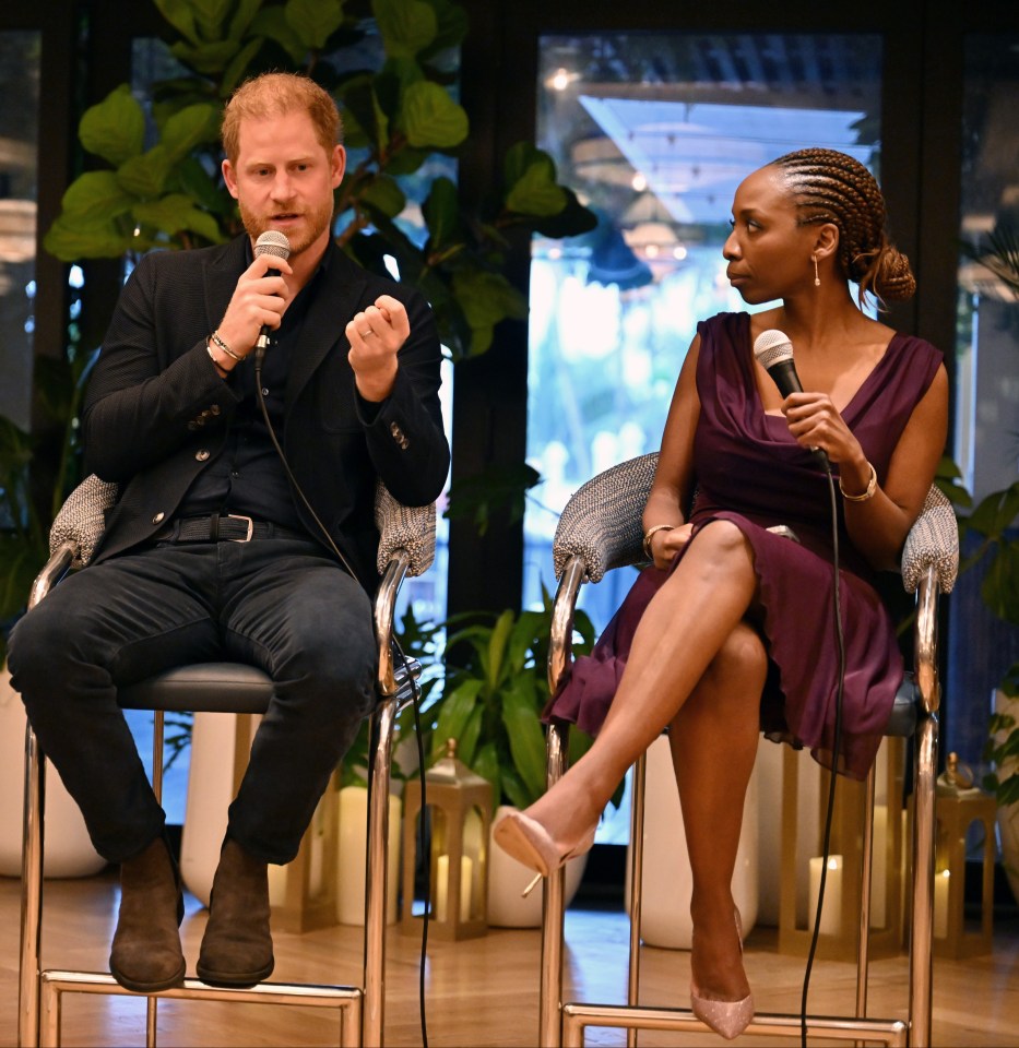 Prince Harry, Alix Lebec, and Dr. Sophie Chandauka participating in a panel discussion.