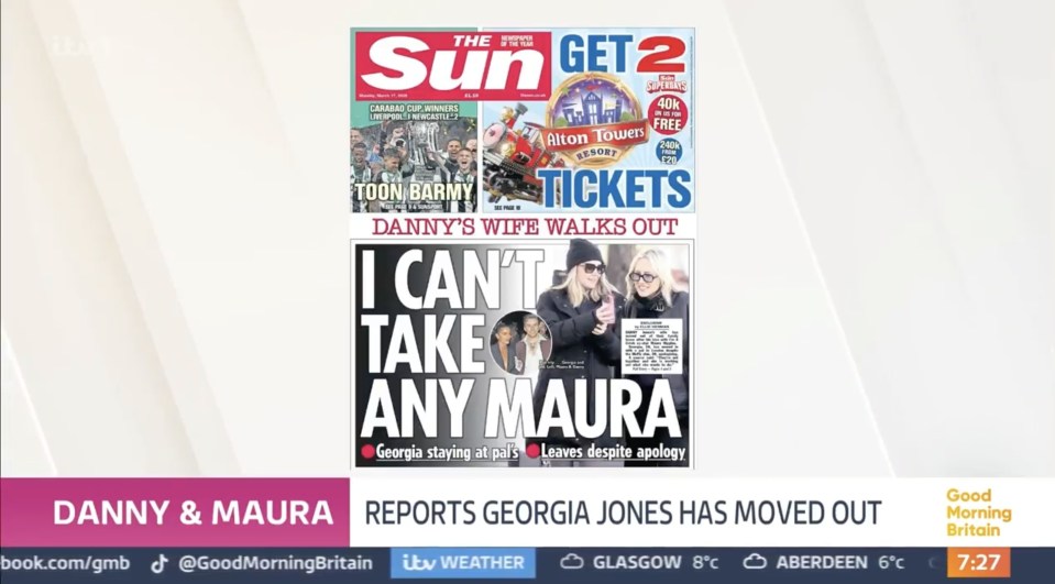 Screenshot of a television segment showing a newspaper headline about Danny and Maura, reporting that Georgia Jones has moved out.