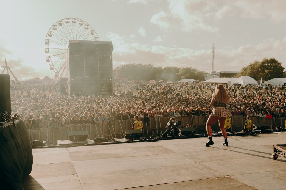 A singer performing on stage in front of a large crowd at an outdoor festival.