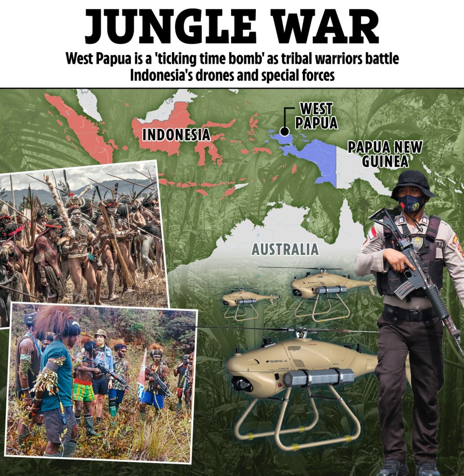 Illustration of tribal warriors in West Papua battling Indonesian drones and special forces.