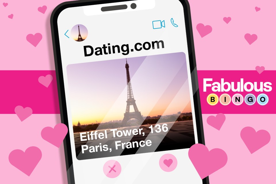 Illustration of a Dating.com profile showing the Eiffel Tower with Fabulous Bingo text.