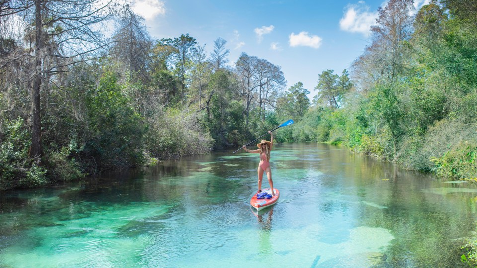 Woman paddleboarding on a clear river.