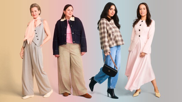Collage of four women modeling different outfits.