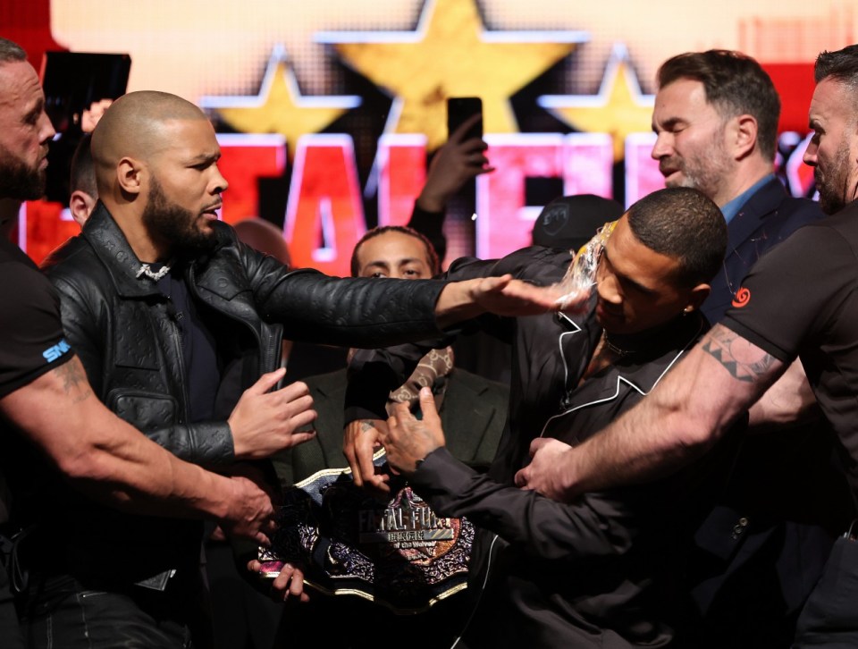 MANCHESTER, ENGLAND - FEBRUARY 25: Chris Eubank Jr hits Conor Benn in the face with an egg during the face off at a Press Conference announcing their upcoming fight on February 25, 2025 in Manchester, England. (Photo by Mark Robinson/Matchroom Boxing/Getty Images).