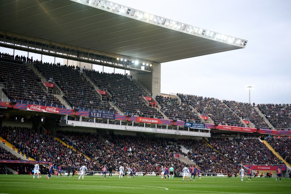 BARCELONA, SPAIN - MARCH 02: A general view of play during the LaLiga match between FC Barcelona and Real Sociedad at Estadi Olimpic Lluis Companys on March 02, 2025 in Barcelona, Spain. (Photo by Manuel Queimadelos/Quality Sport Images/Getty Images)