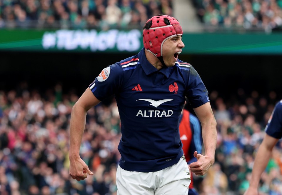 DUBLIN, IRELAND - MARCH 08: Louis Bielle-Biarrey of France celebrates after scoring his team's third try during the Guinness Six Nations 2025 match between Ireland and France at the Aviva Stadium on March 08, 2025 in Dublin, Ireland. (Photo by David Rogers/Getty Images)