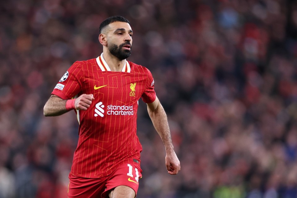 LIVERPOOL, ENGLAND - MARCH 11: Mohamed Salah of Liverpool during the UEFA Champions League 2024/25 UEFA Champions League 2024/25 Round of 16 Second Leg match between Liverpool FC and Paris Saint-Germain at Anfield on March 11, 2025 in Liverpool, England. (Photo by Robbie Jay Barratt - AMA/Getty Images)