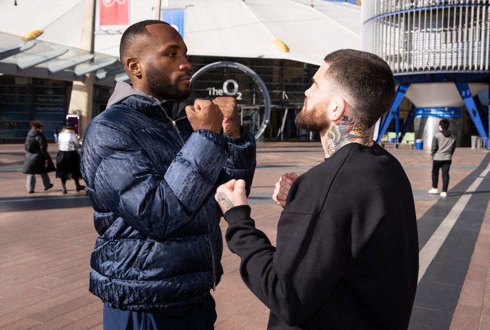 LONDON, ENGLAND - MARCH 18: (L-R) Opponents Leon Edwards and Sean Brady face off outside The O2 Arena on March 18, 2025 in London, England. (Photo by Jeff Bottari/Zuffa LLC)