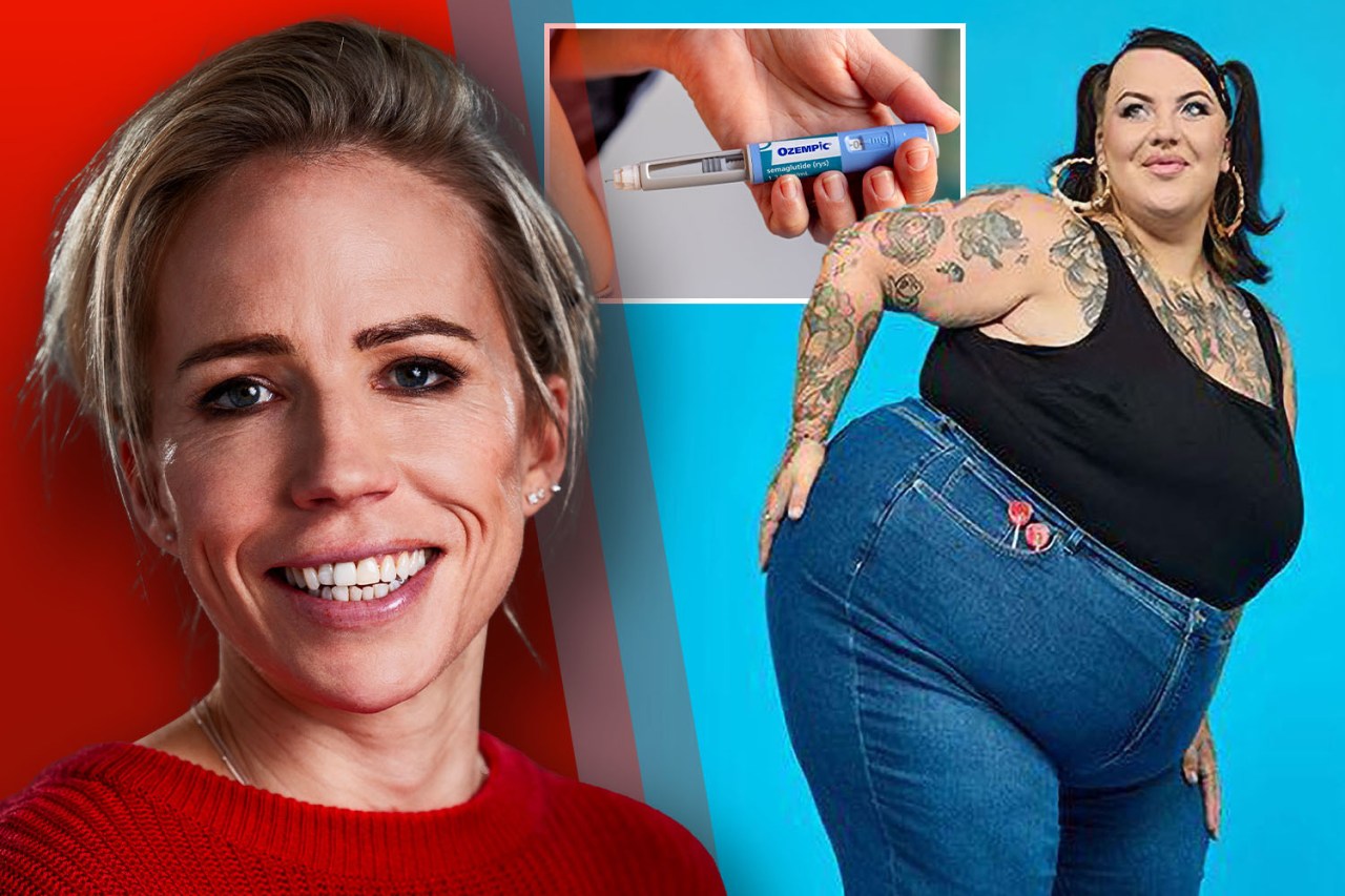 Collage of a woman smiling, a woman in jeans, and an Ozempic pen.