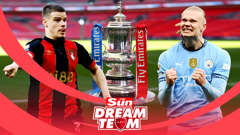 Illustration of the FA Cup trophy flanked by two soccer players, part of a Dream Team.