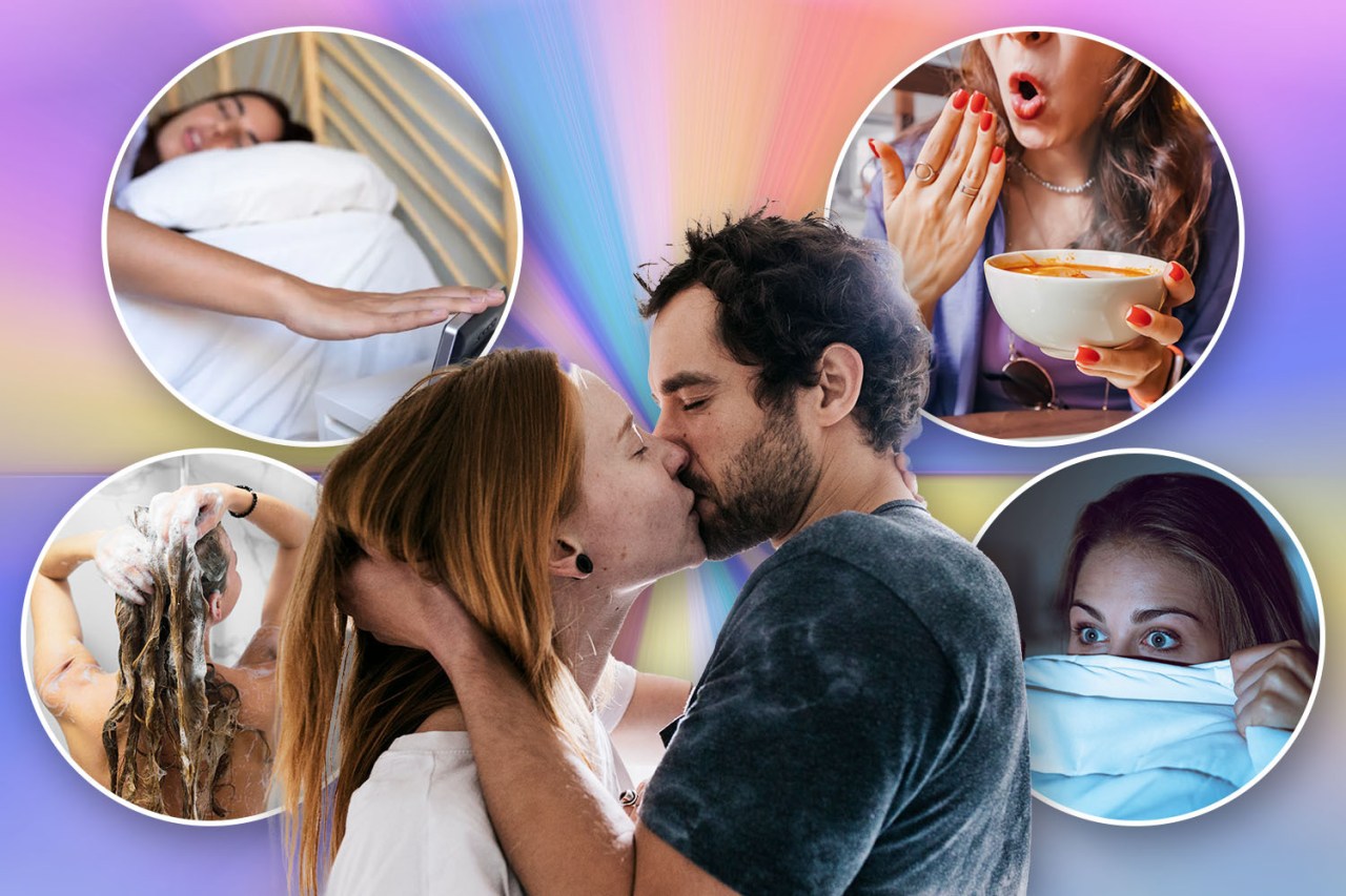 Collage of a couple kissing, surrounded by images of daily routines.