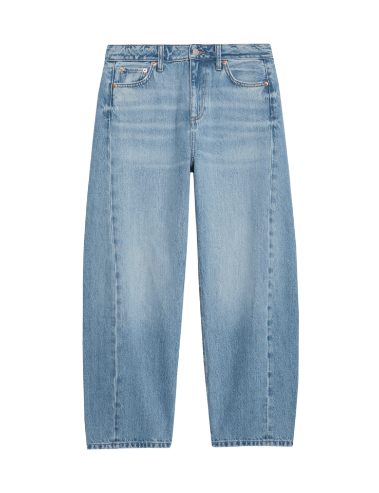 Mid-rise barrel jeans.