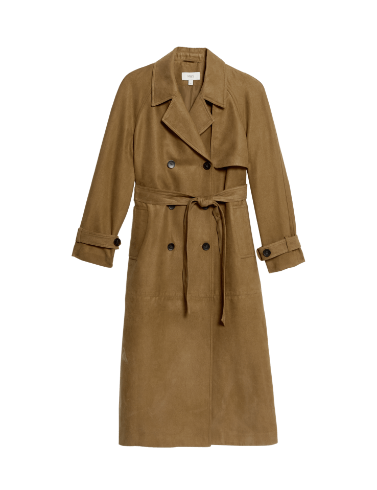 Brown suede trench coat.