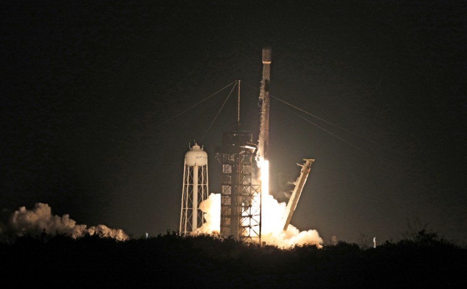 (FILES) Intuitive Machines' Athena lander on top of a SpaceX Falcon 9 rocket, lifts off from Launch Complex 39A at NASA's Kennedy Space Center, Florida, February 26, 2025. More than fifty years passed between the last Apollo mission and America's return to the lunar surface, when the first ever private lander touched down last February. Now, starting March 2, two more missions are set to follow within a single week -- marking a bold push by NASA and its industry partners to make Moon landings a routine part of space exploration. (Photo by Gregg Newton / AFP) (Photo by GREGG NEWTON/AFP via Getty Images)