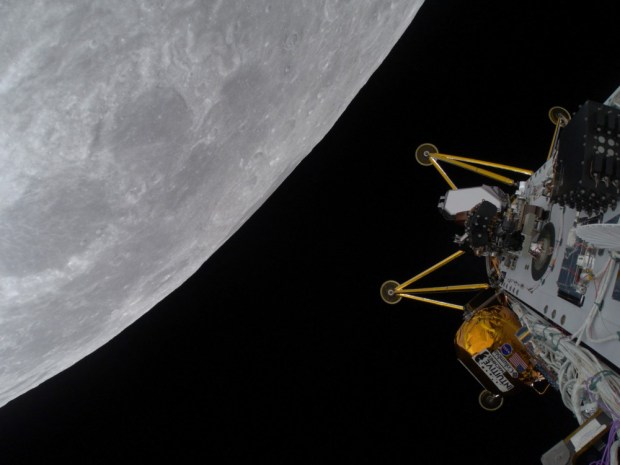 (FILES) This March 3, 2025, image courtesy of Intuitive Machines, LLC shows the company's IM-2 mission Nova-C class lunar lander, Athena, in circular orbit around the Moon. Athena has touched down on the Moon, but ground control teams are still working to assess its status, including whether it is upright, a company spokesman said on March 6, 2025. (Photo by HANDOUT / Intuitive Machines, LLC / AFP) / RESTRICTED TO EDITORIAL USE - MANDATORY CREDIT "AFP PHOTO /Intuitive Machines, LLC"" - NO MARKETING NO ADVERTISING CAMPAIGNS - DISTRIBUTED AS A SERVICE TO CLIENTS (Photo by HANDOUT/Intuitive Machines, LLC/AFP via Getty Images)