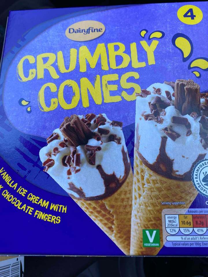 Dairyfine Crumbly Cones box showing vanilla ice cream with chocolate fingers.