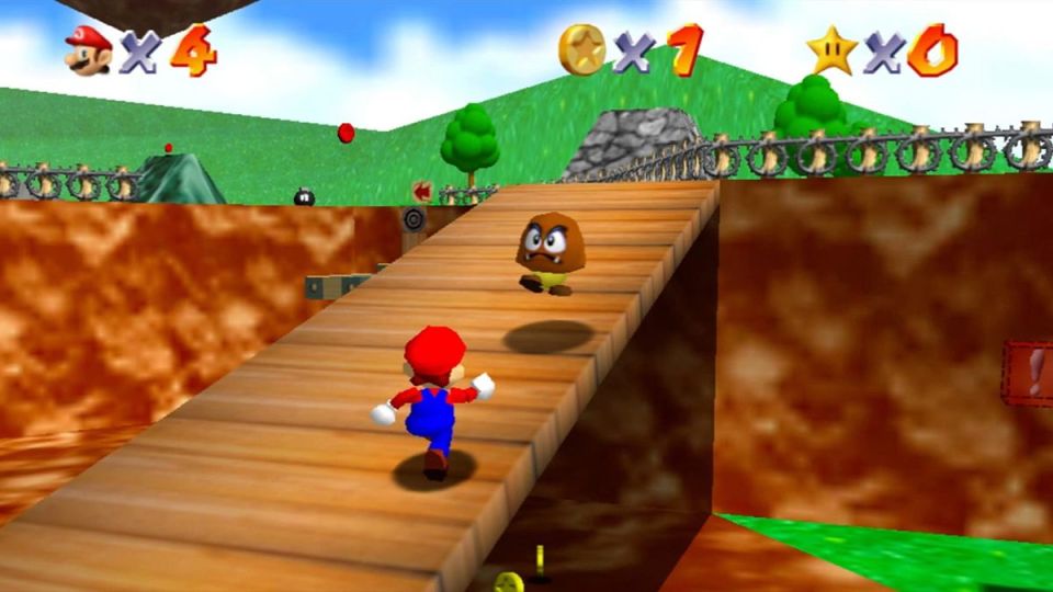 Screenshot of Super Mario 64 gameplay showing Mario running towards a Koopa Troopa.