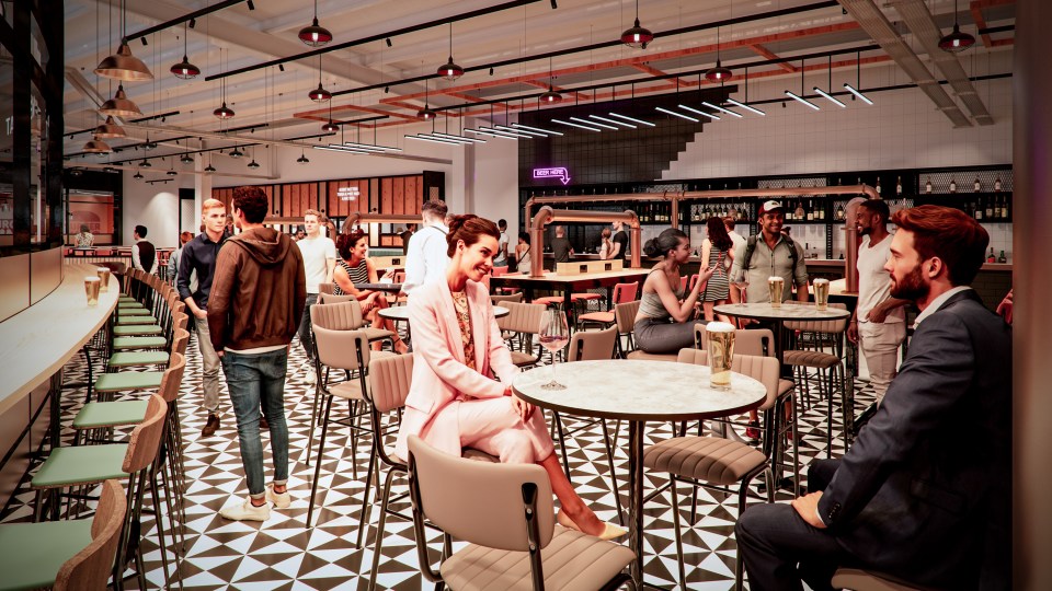 Illustration of a bustling bar and restaurant.