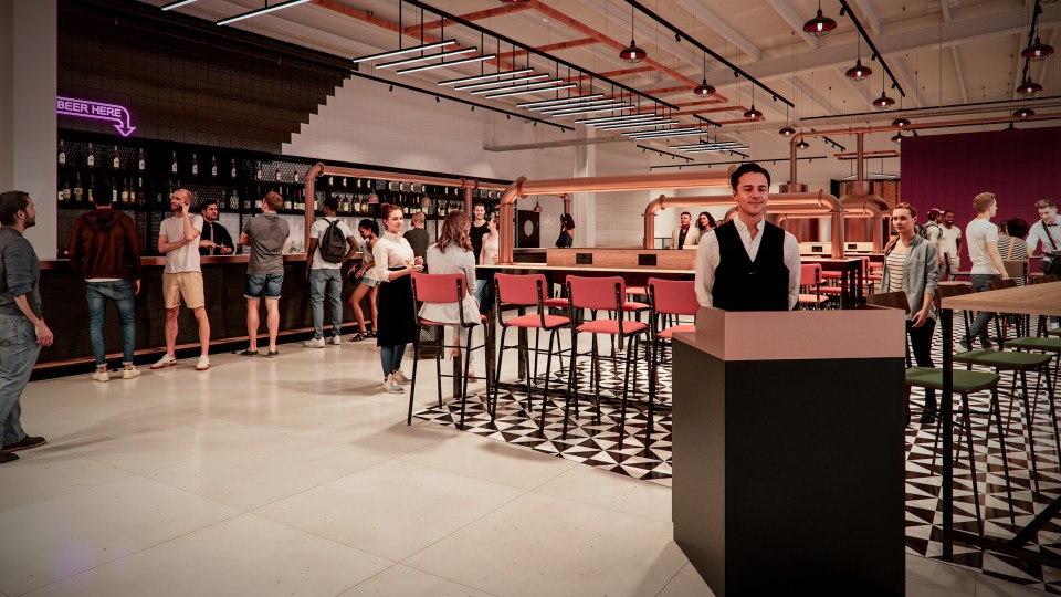 Illustration of a bar area with many people.