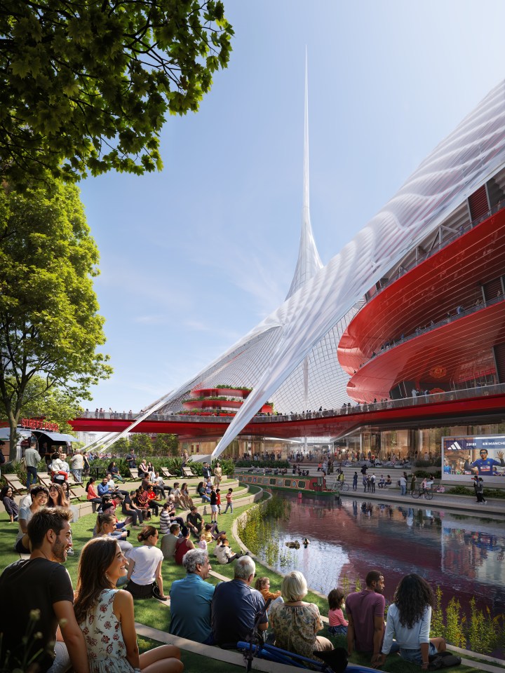 Illustration of a new stadium with people relaxing by a canal.