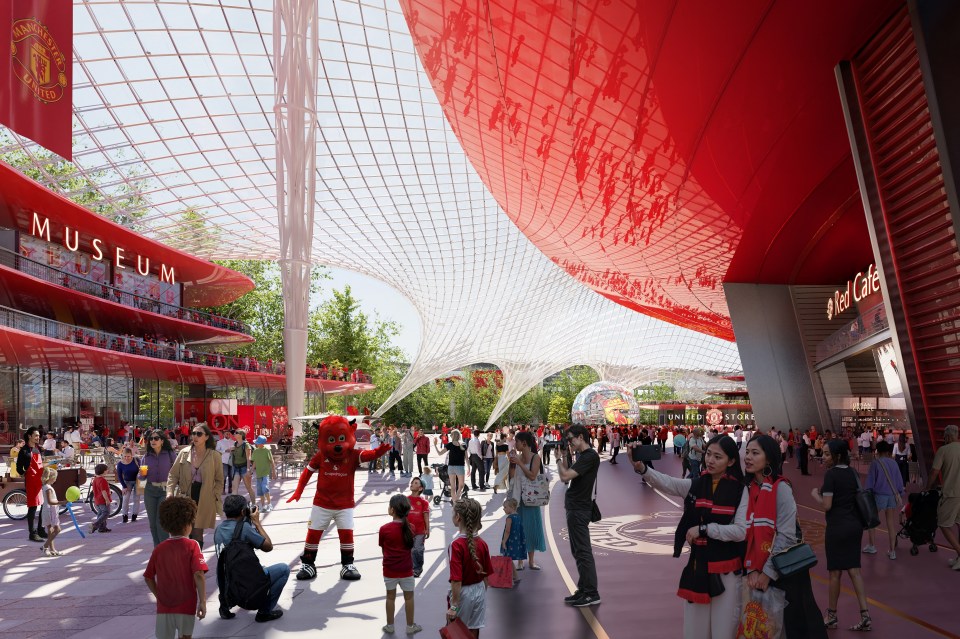 Illustration of a bustling Manchester United fan plaza with a museum, shops, and a mascot.