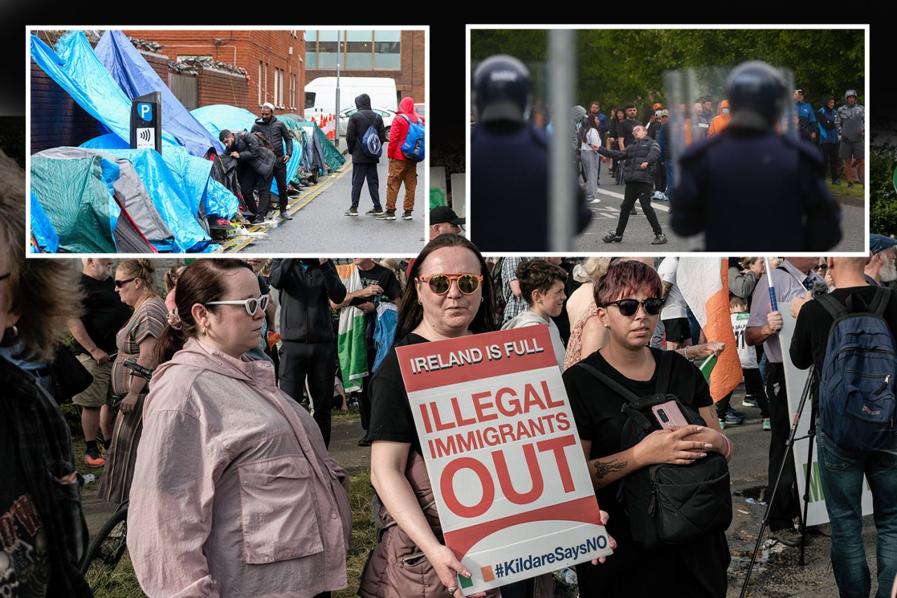 Collage of images showing a migrant camp, a protest against immigration, and police intervening in a demonstration.