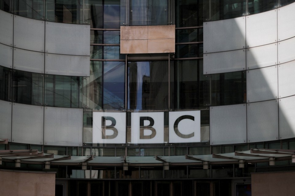 BBC logo above the entrance to the BBC headquarters in London.