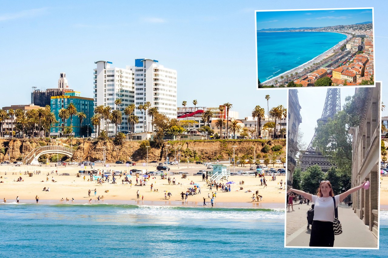 Collage of travel destinations: a beach scene, a coastal city, and the Eiffel Tower.