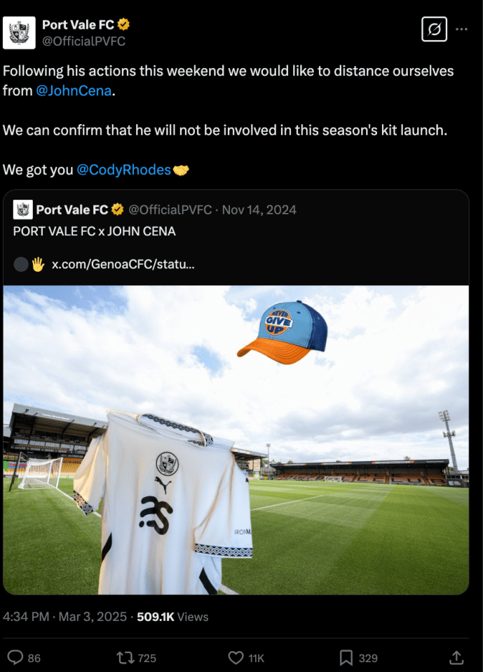 Tweet announcing Port Vale FC's kit launch, featuring a photo of the new kit and a baseball cap.