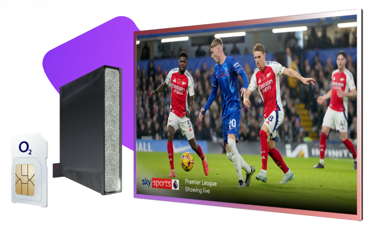 Illustration of a SIM card, a router, and a TV showing a live Premier League soccer match.
