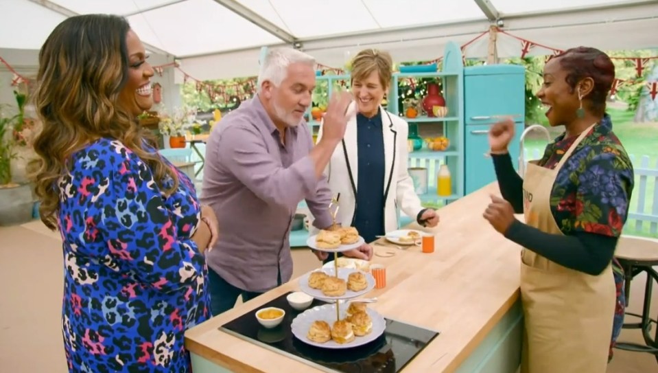 Screenshot of the Great British Baking Show judges and hosts reacting to baked goods.