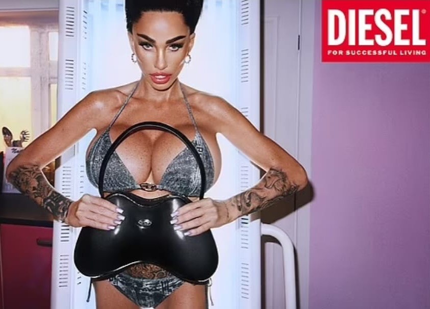 Woman in a bikini holding a handbag, Diesel brand advertisement.