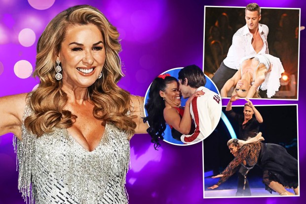 Collage of a woman in a sparkly dress and various couples dancing.